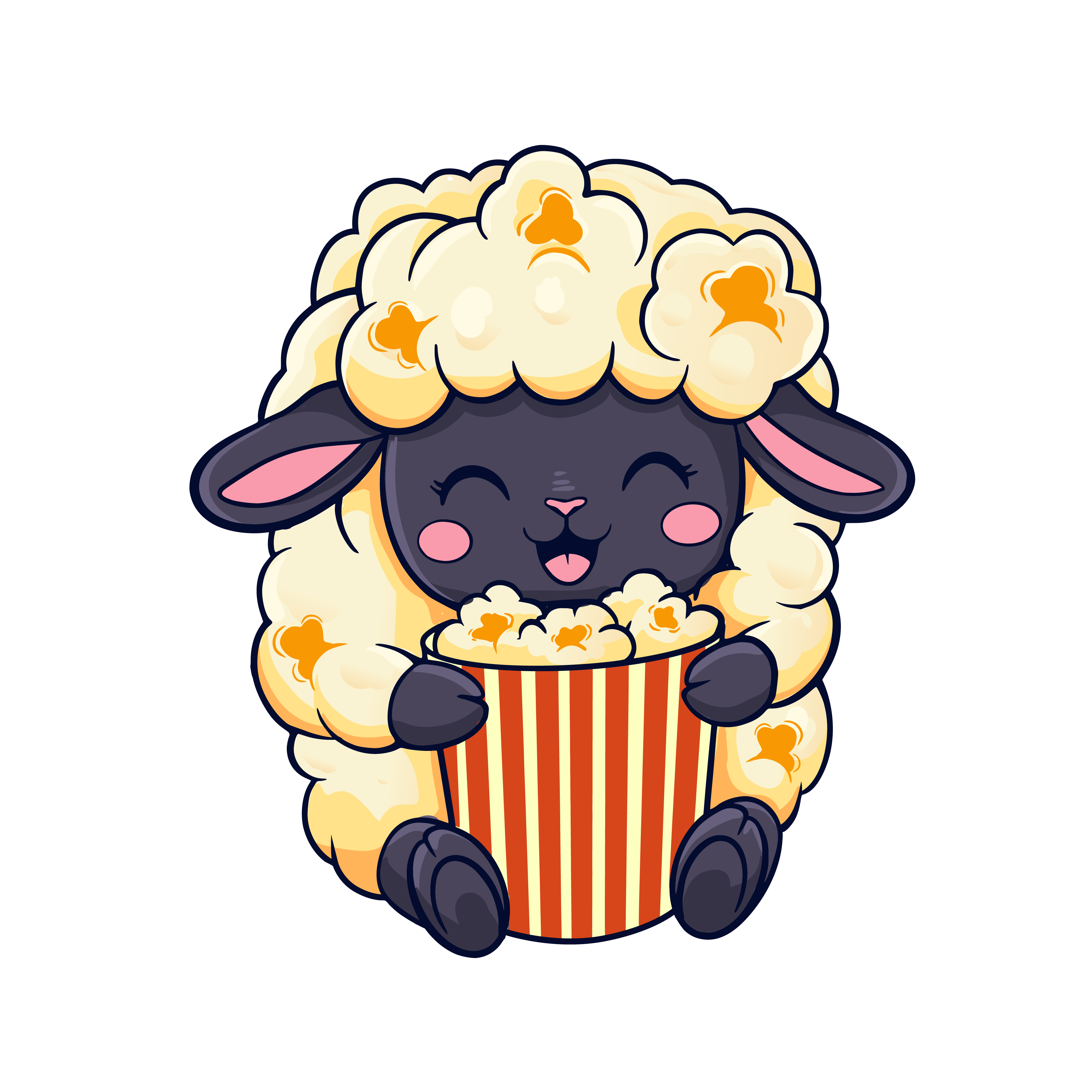 Poppy, our popcorn sheep, holding a bucket of popcorn
