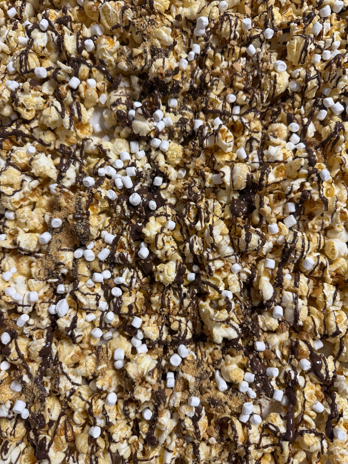 Cornalepsy popcorn with chocolate drizzle, mini marshmallows, and crumbs